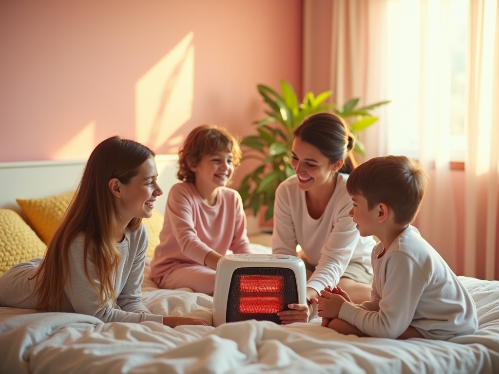 Mother and three children enjoying time together with a space heater in a cozy, sunlit bedroom.