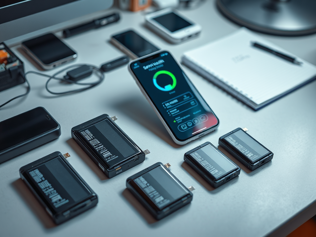 A smartphone displays battery information, surrounded by various battery packs and mobile devices on a desk.