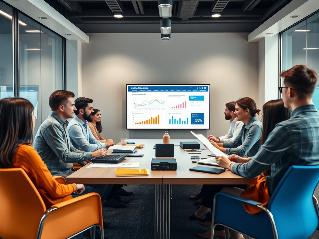 A diverse group of professionals is seated around a conference table, reviewing data on a large screen.