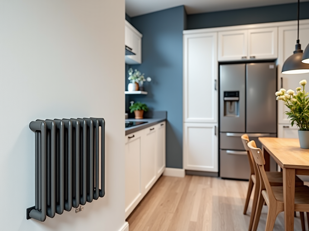 Modern kitchen interior with blue walls, wooden dining set, and integrated appliances.