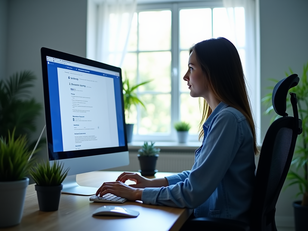 Woman working on a computer in a well-lit home office.