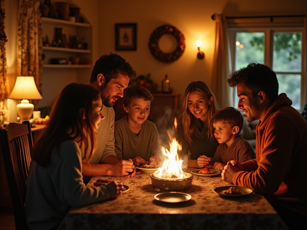 Family enjoys a warm meal around a fire-lit table, glowing in cozy, dim lighting.