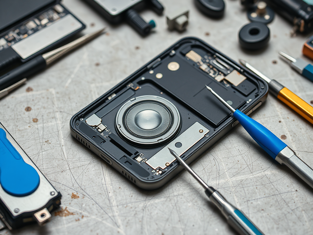 A disassembled smartphone with tools arranged around it on a work surface, highlighting internal components.