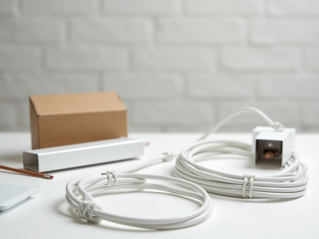 Cables and a plug with a cardboard box on a white table against a brick wall background.