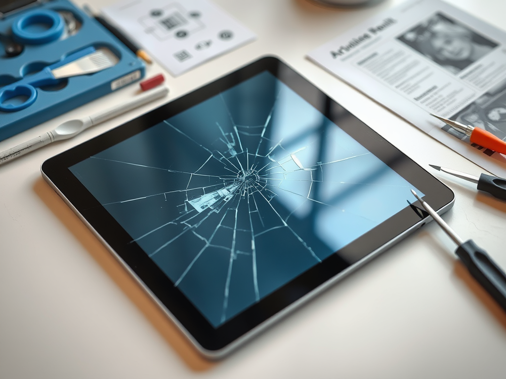 A broken tablet with a cracked screen, surrounded by repair tools and printed materials.