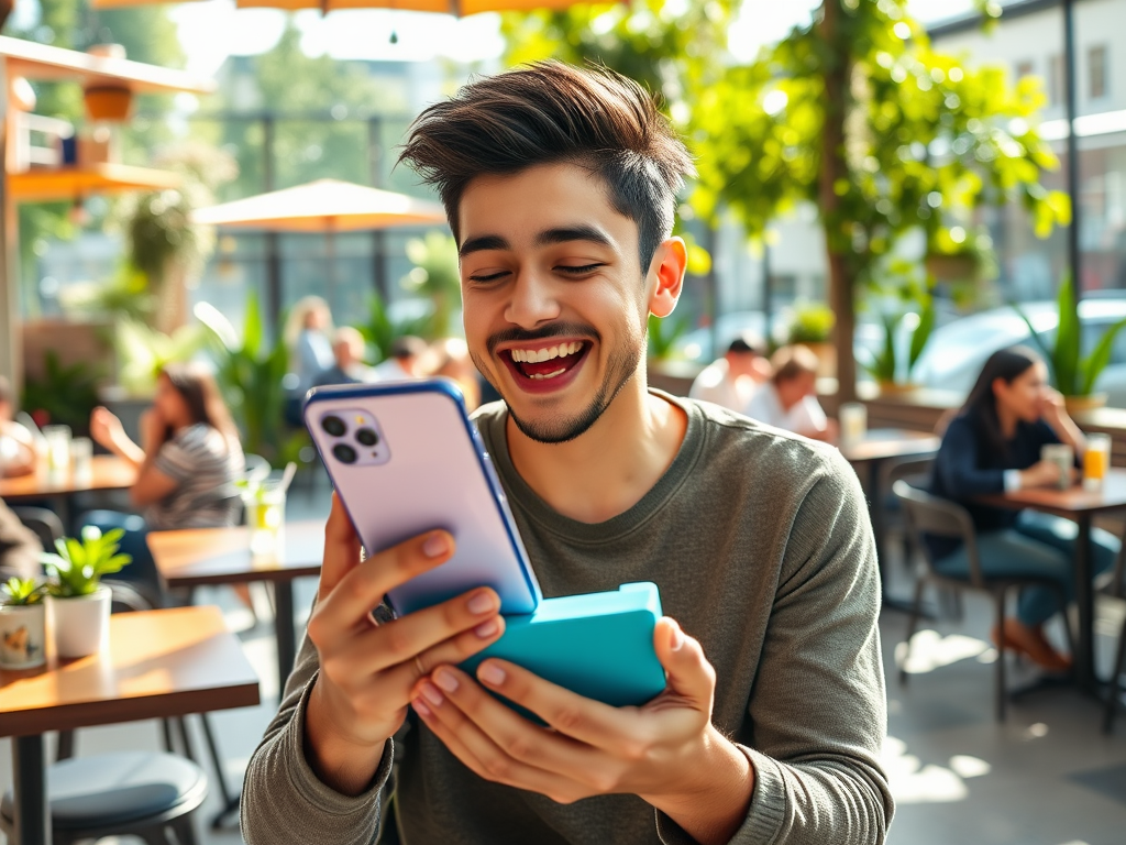 A young man in a café smiles while looking at his phone with excitement, surrounded by greenery and people.