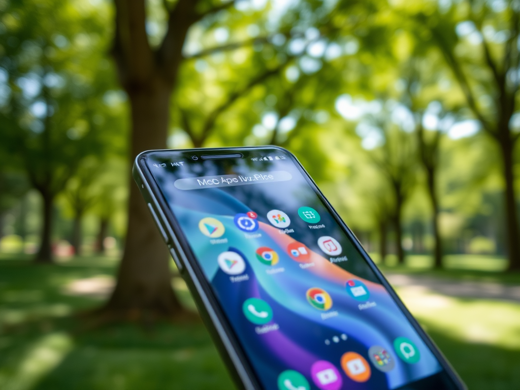 A smartphone is displayed outdoors with green trees blurred in the background, showcasing various app icons on the screen.