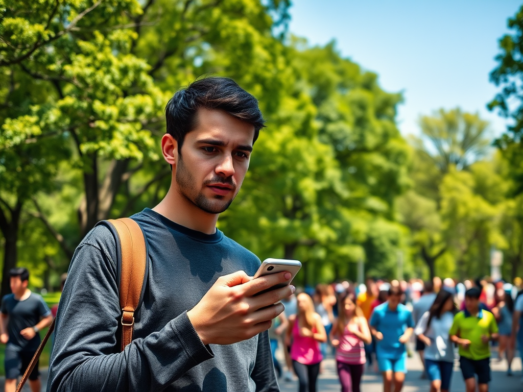 A young man looks at his phone, surrounded by people walking in a park filled with greenery on a sunny day.