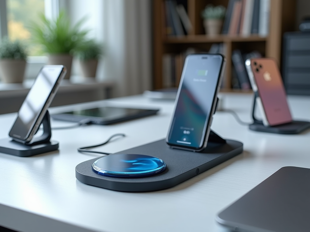 Three smartphones charging on modern stands with a wireless charger glowing blue on a desk.