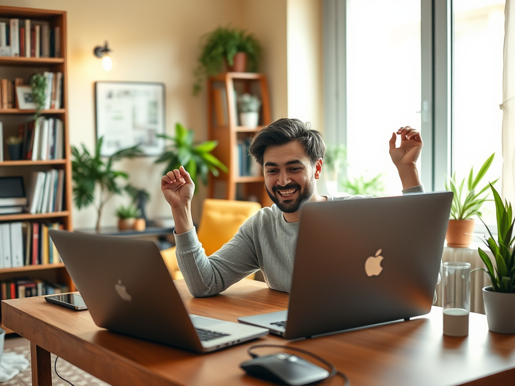 A young man smiling while working at a desk with two laptops, surrounded by plants and a cozy interior.