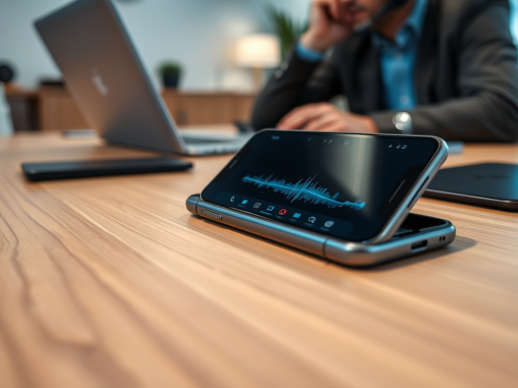 A smartphone displaying audio recording software sits on a wooden table with a laptop in the background.