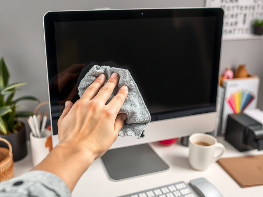 A person wipes the screen of a computer monitor with a gray cloth in a stylish workspace.