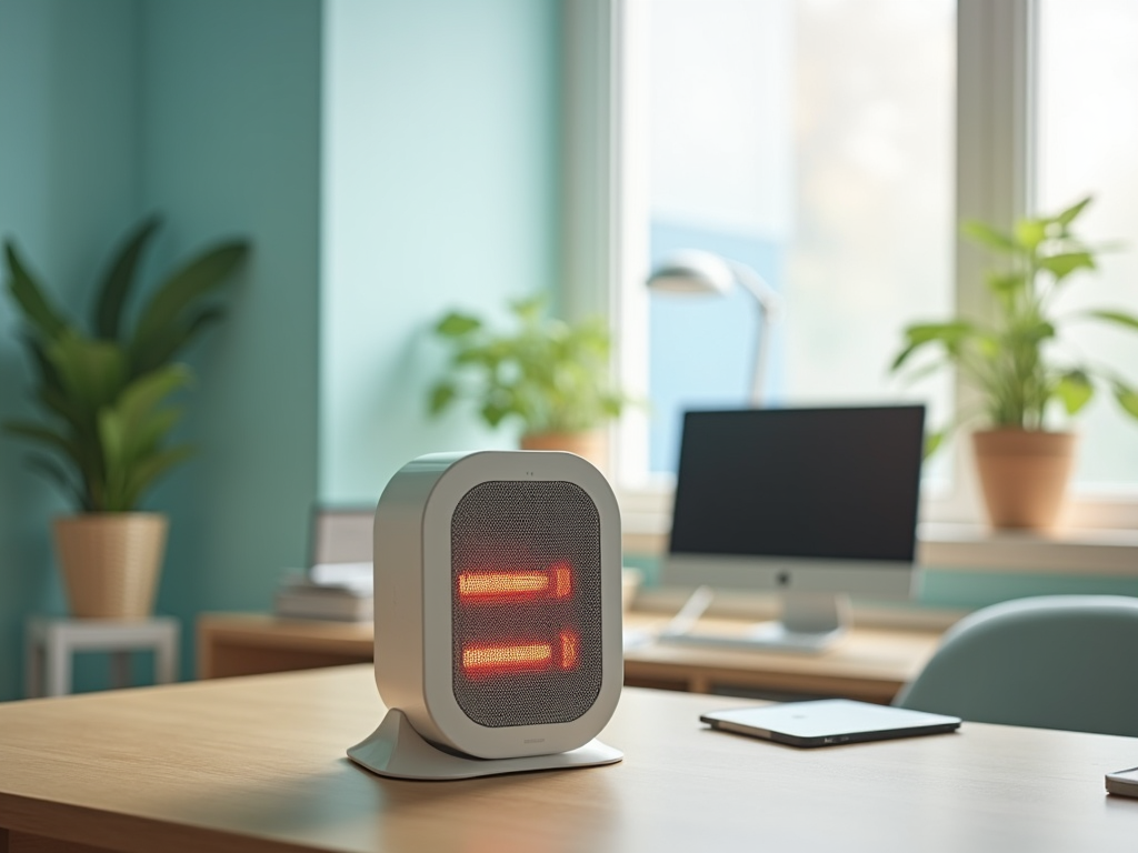 Portable heater glowing on a desk in a modern home office, with plants and computer in the background.