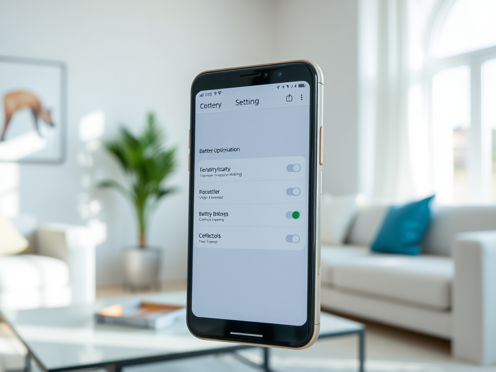 A smartphone displaying settings for battery optimization and related features in a cozy living room.