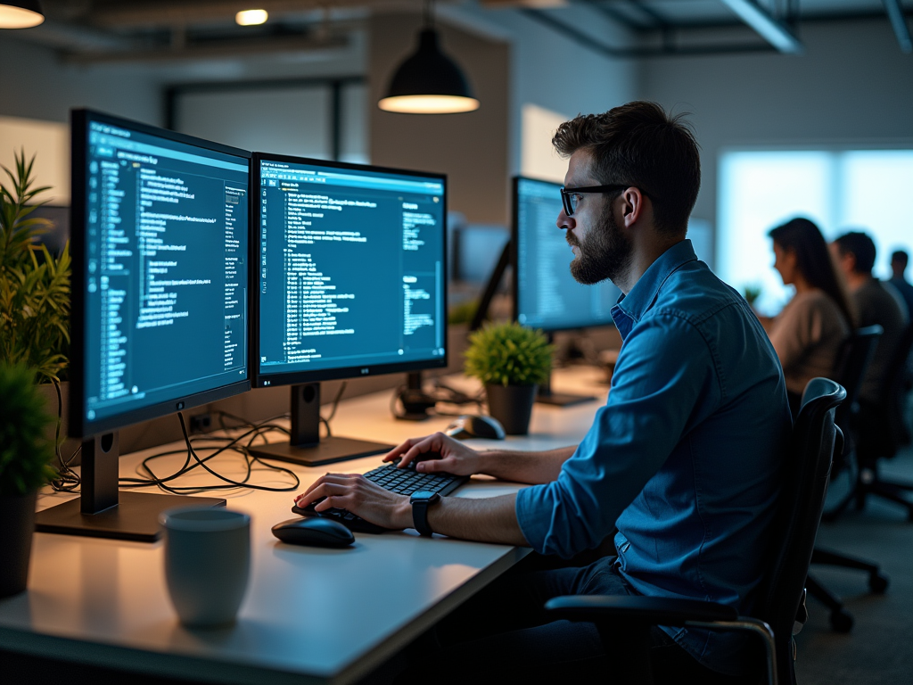 Man coding on multiple monitors in a modern office at night.