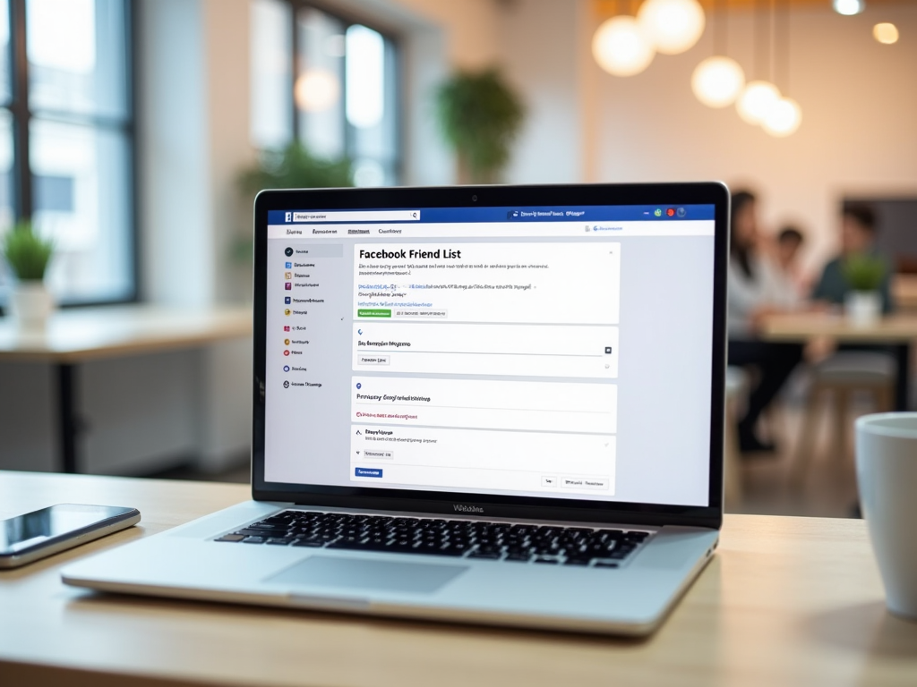 Laptop open displaying Facebook friend list, blurred office environment in background.