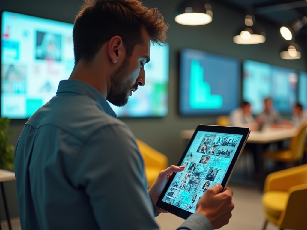 Man in a blue shirt using a tablet with graphical content, in a modern office with colleagues in background.