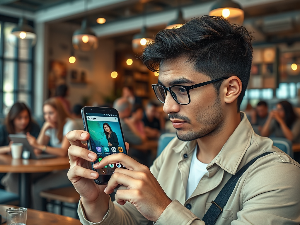 A young man in glasses focuses on his smartphone, showcasing a photo of a woman in a busy café setting.