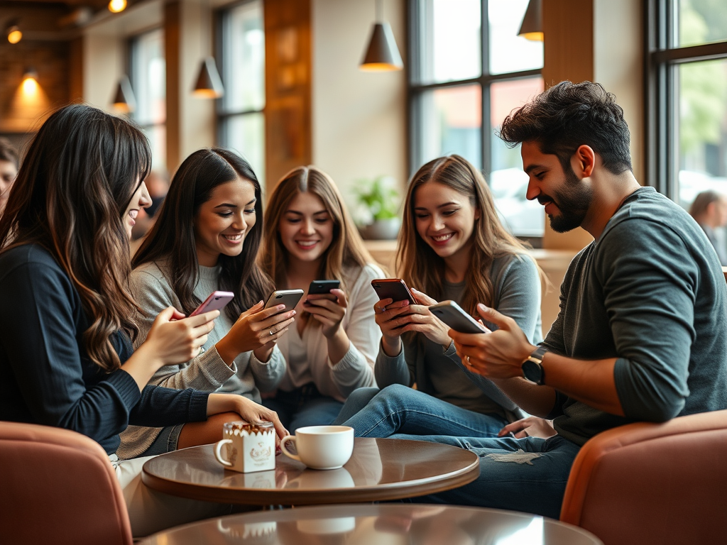 A group of six young adults sits in a cafe, smiling and looking at their smartphones, enjoying each other's company.