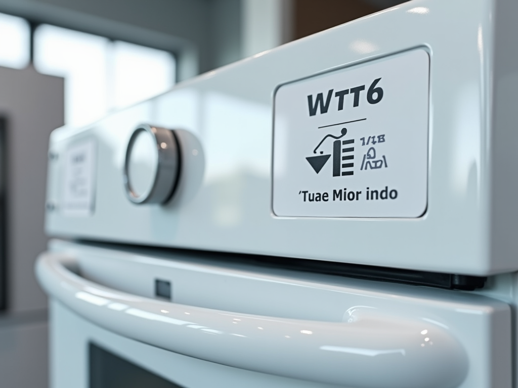 Close-up of a white washing machine model WTT6 with control dial and cleaning instructions label.