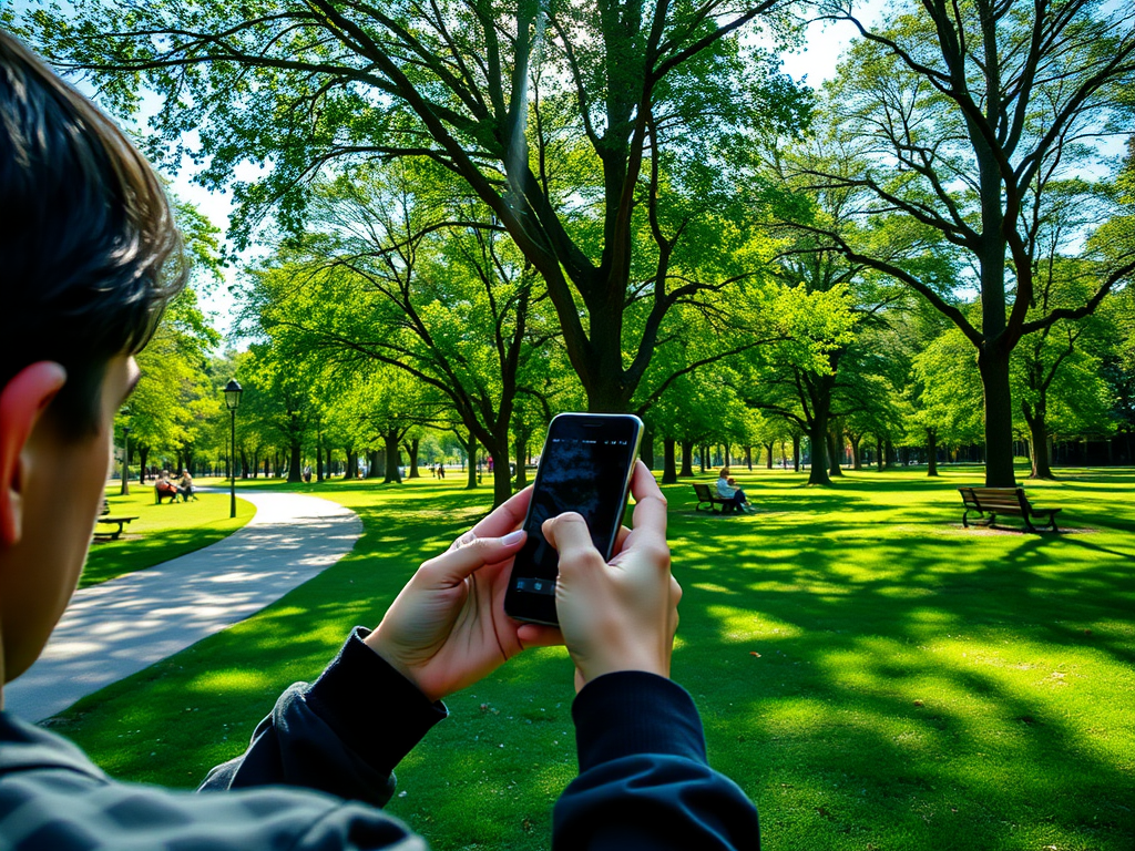 A person holding a smartphone in a sunny park, surrounded by green trees and people enjoying the space.