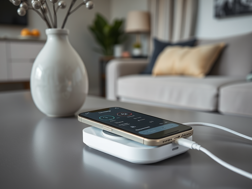 A smartphone on a wireless charger, with a vase and a cozy living room setting in the background.