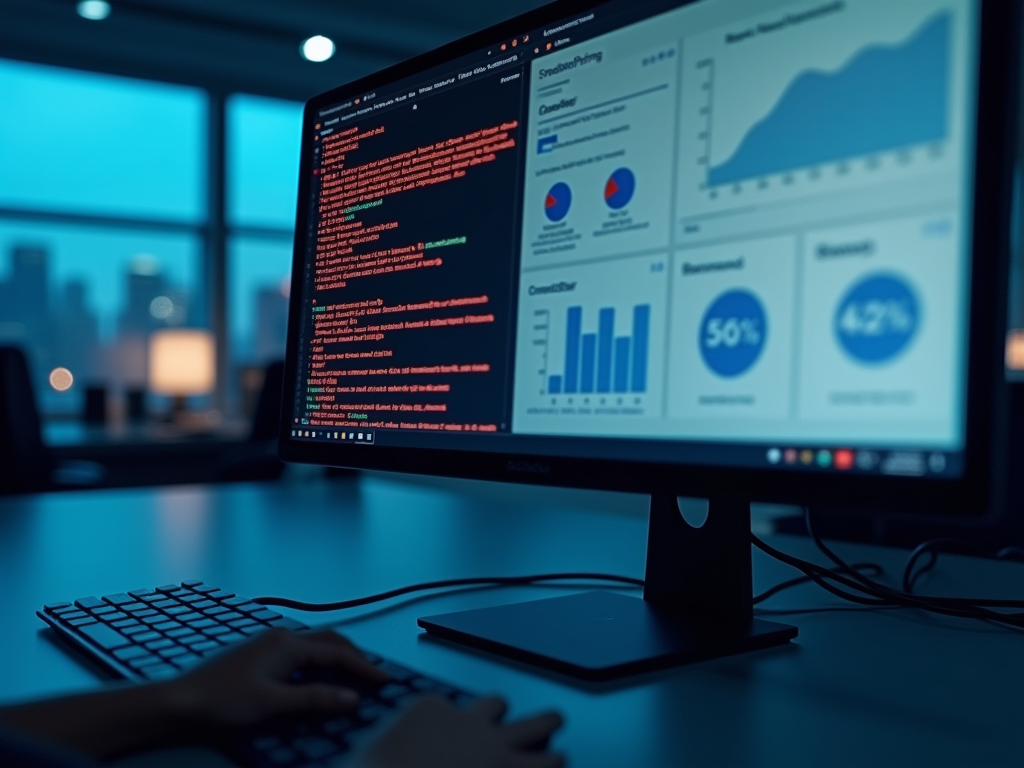 Person coding on a laptop with analytics displayed on a monitor, set in a dimly lit office.