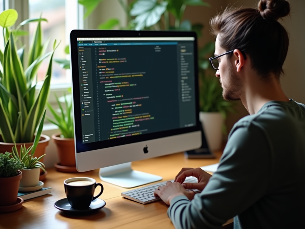 Man coding on a computer in a cozy, plant-filled room with a coffee cup beside him.