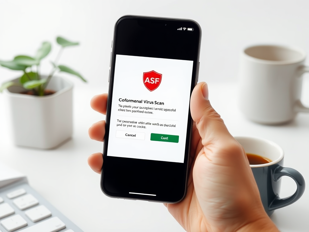 A hand holds a smartphone displaying a virus scan screen with options to cancel or confirm. A plant and coffee cup are visible.