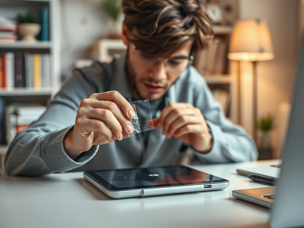 A young man carefully applies a transparent adhesive film to a laptop screen at a desk with books and a lamp.