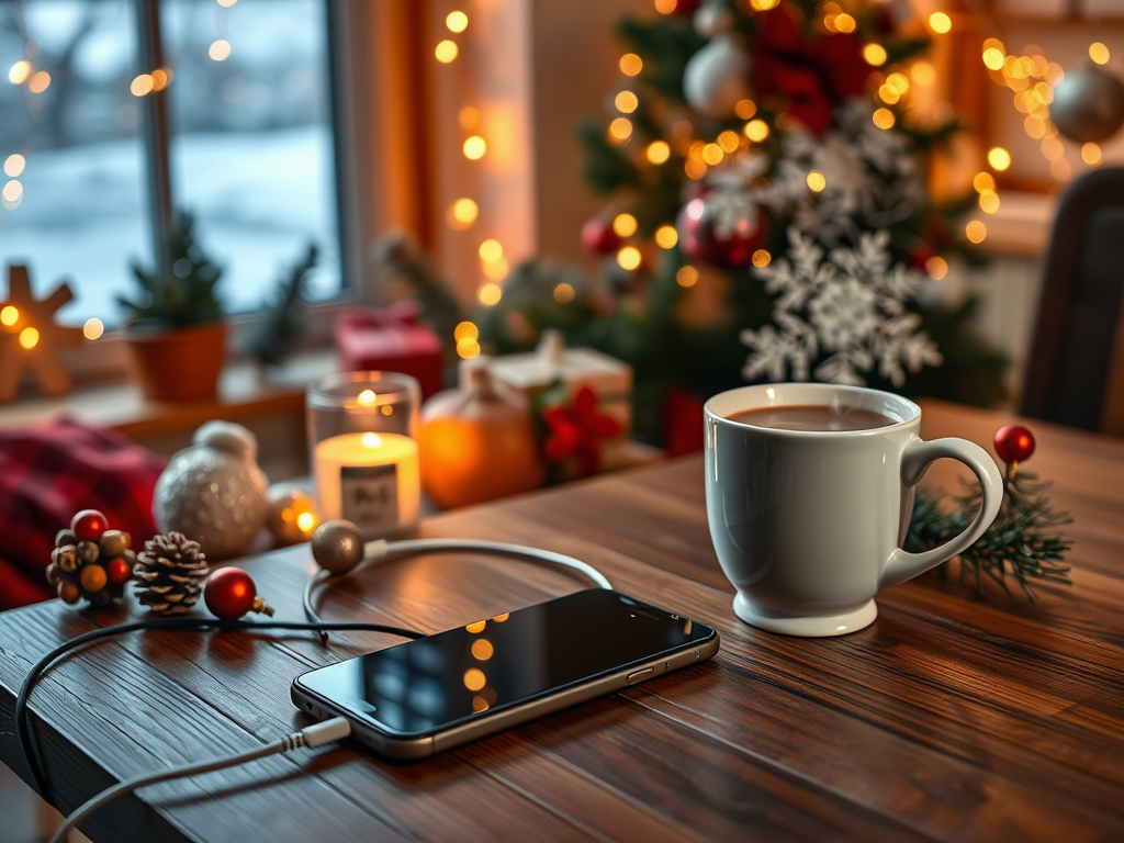 A cozy holiday scene featuring a smartphone, a white mug, candles, and festive decorations by a Christmas tree.