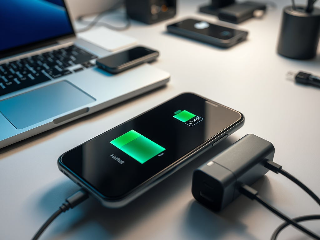 A smartphone charging on a desk next to a laptop and a charger, indicating battery status.