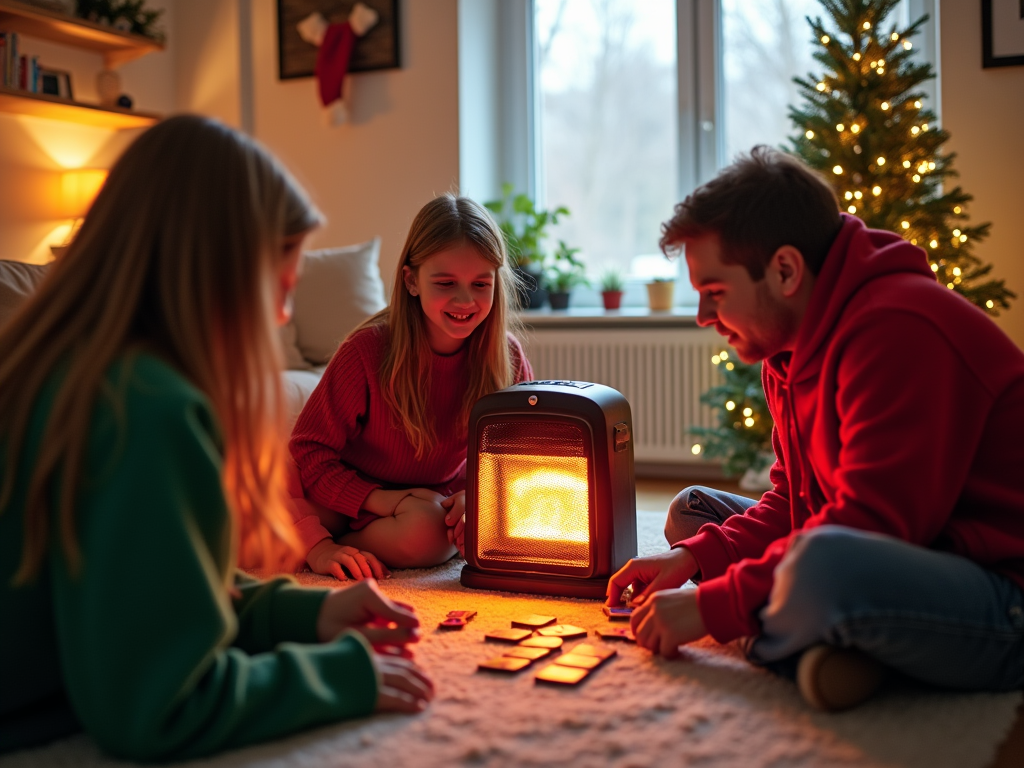 Family enjoys playing a board game by a glowing heater with a Christmas tree in the background.