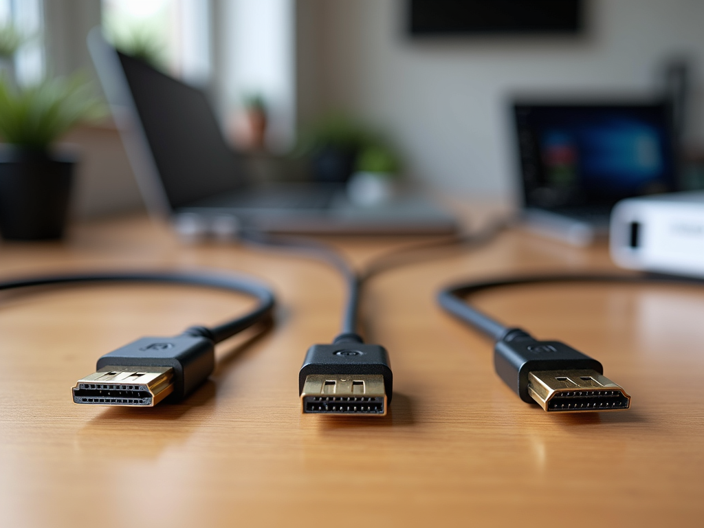 Close-up of DisplayPort and HDMI cables on a desk with blurry laptop and monitor background.