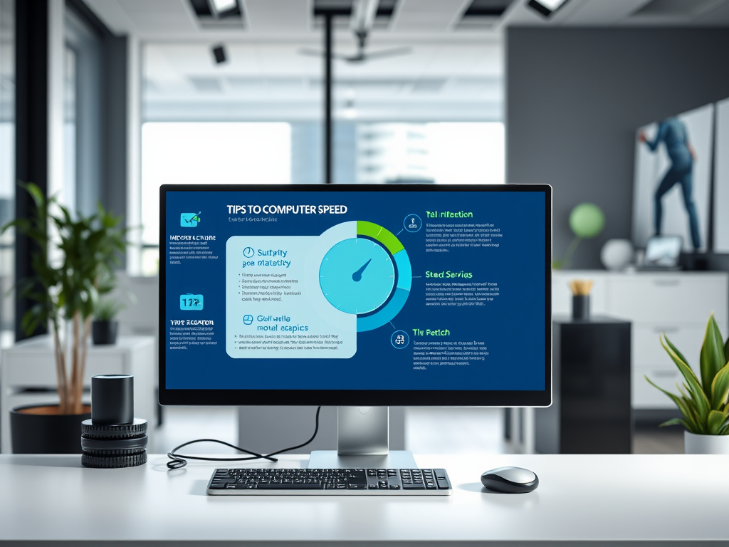 A computer monitor displays tips for improving computer speed in a modern office environment.