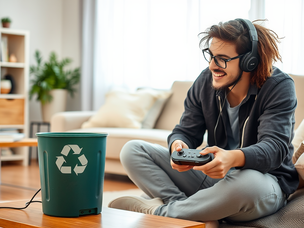 A man with headphones smiles while playing a video game, sitting near a recycling bin in a cozy living room.