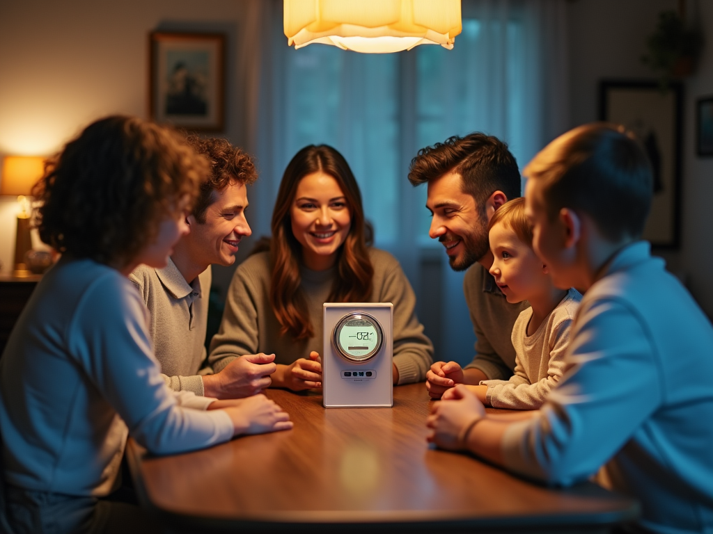 Family gathering around a table, smiling and looking at a digital device displaying "07:27 PM".