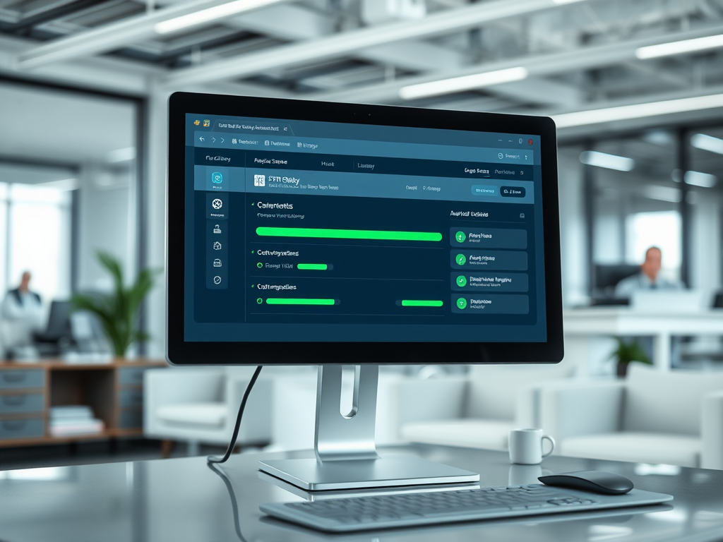 A computer screen displaying a dashboard with analytics and progress bars in a modern office setting.