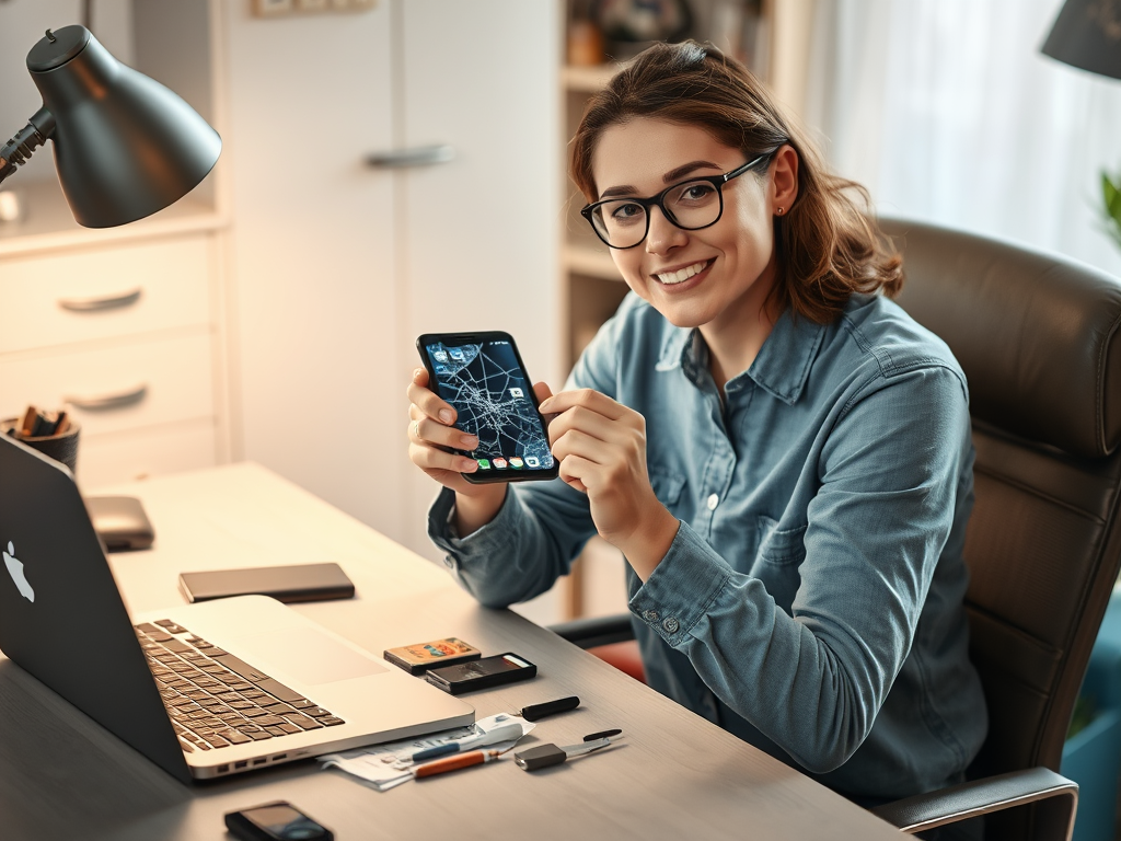 A smiling young woman in a denim shirt holds a smartphone at her desk, with a laptop and stationery nearby.