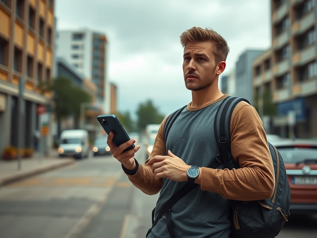 A man stands on a city street, holding a smartphone, looking thoughtful, with buildings and vehicles around him.