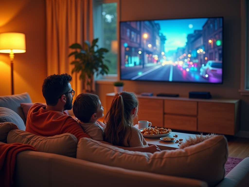 Family watching TV together in a cozy living room at night.