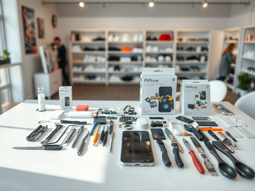 A table filled with various tools and gadgets, including PiPhon packaging, in a modern store setting.