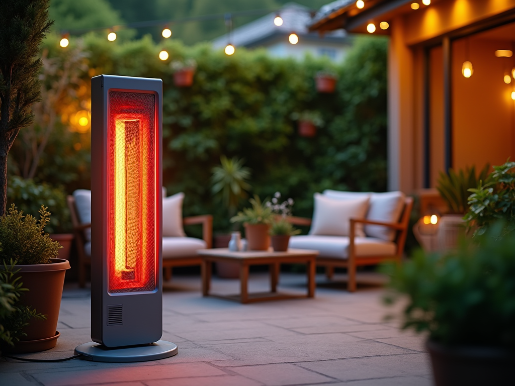 Outdoor infrared heater glowing red on a patio with soft seating and plants, under evening lighting.