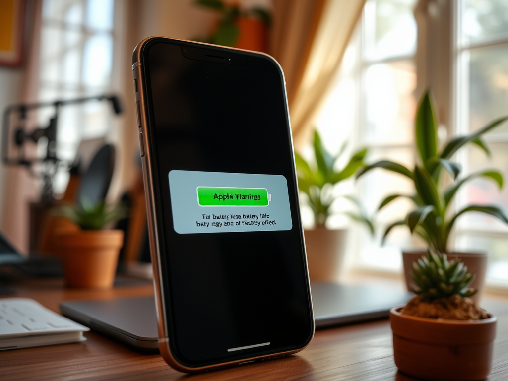 An iPhone displays an "Apple Warning" about battery health impacting performance on a desk with plants.