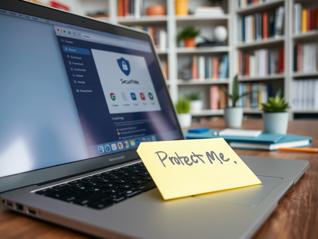 A laptop on a desk displays a security website, with a sticky note saying "Protect Me." nearby.