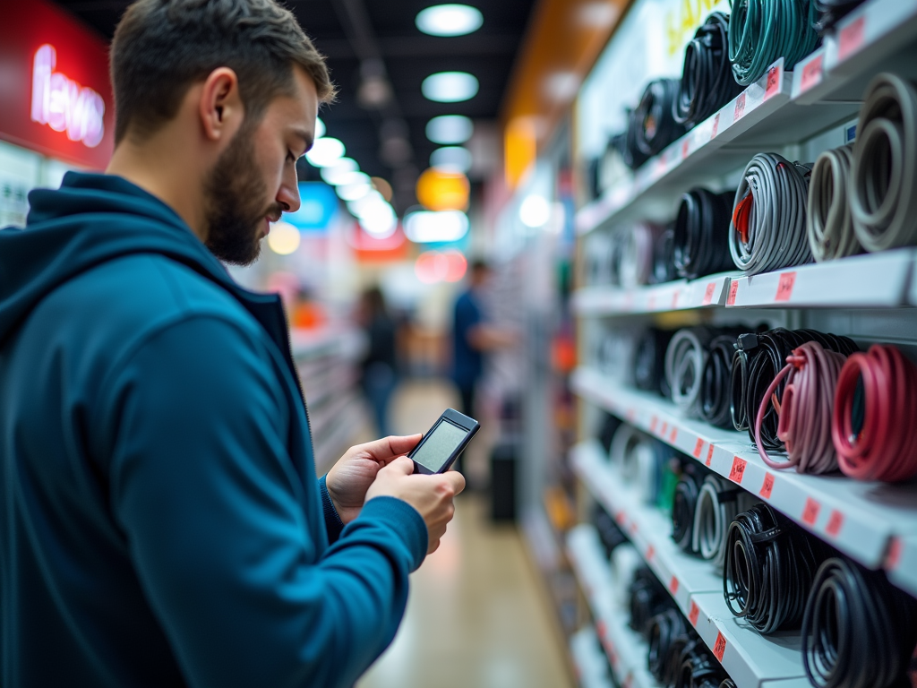 Man in store checking phone while browsing rolls of cables on shelves.