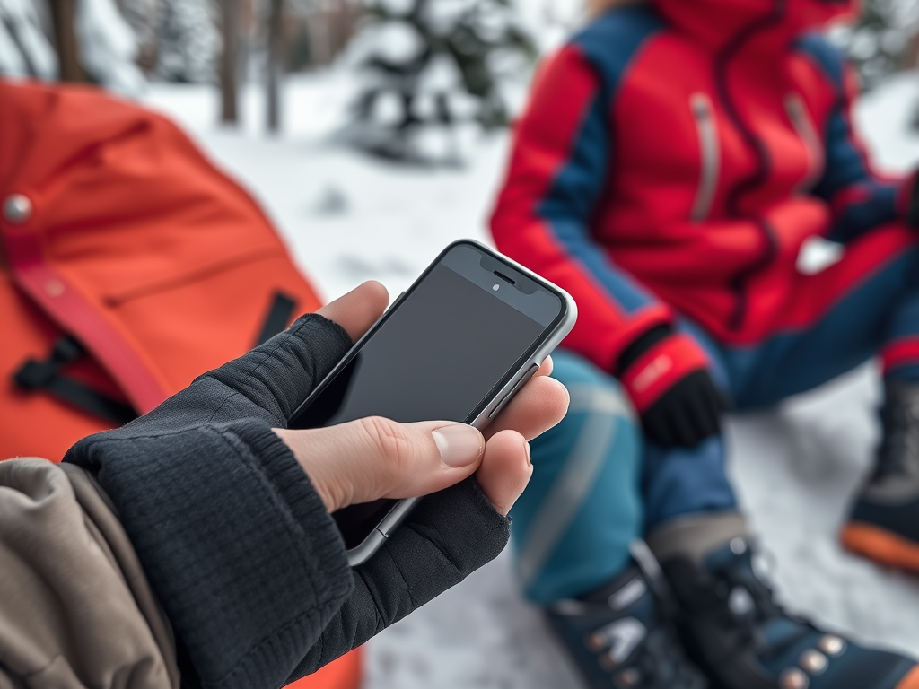 A person in winter gear holds a smartphone, with a red backpack and another person sitting in snow nearby.