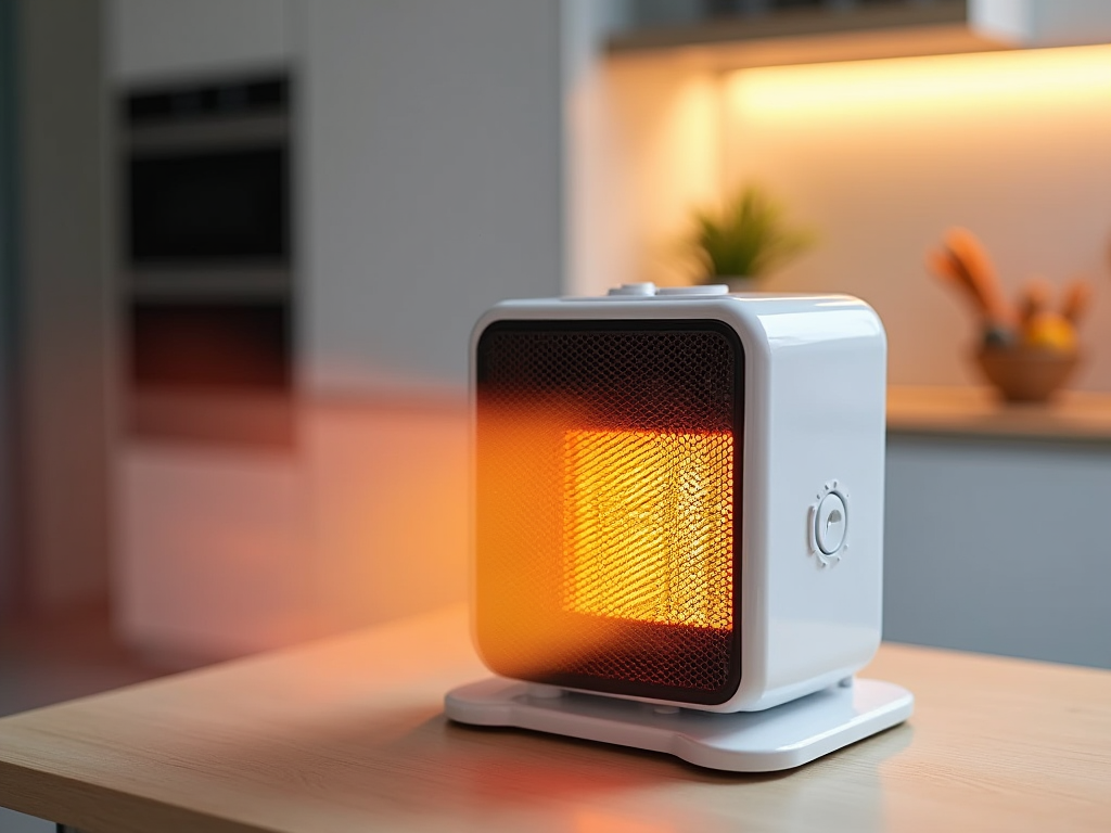 Small white space heater glowing orange on a table, kitchen setting in the background.