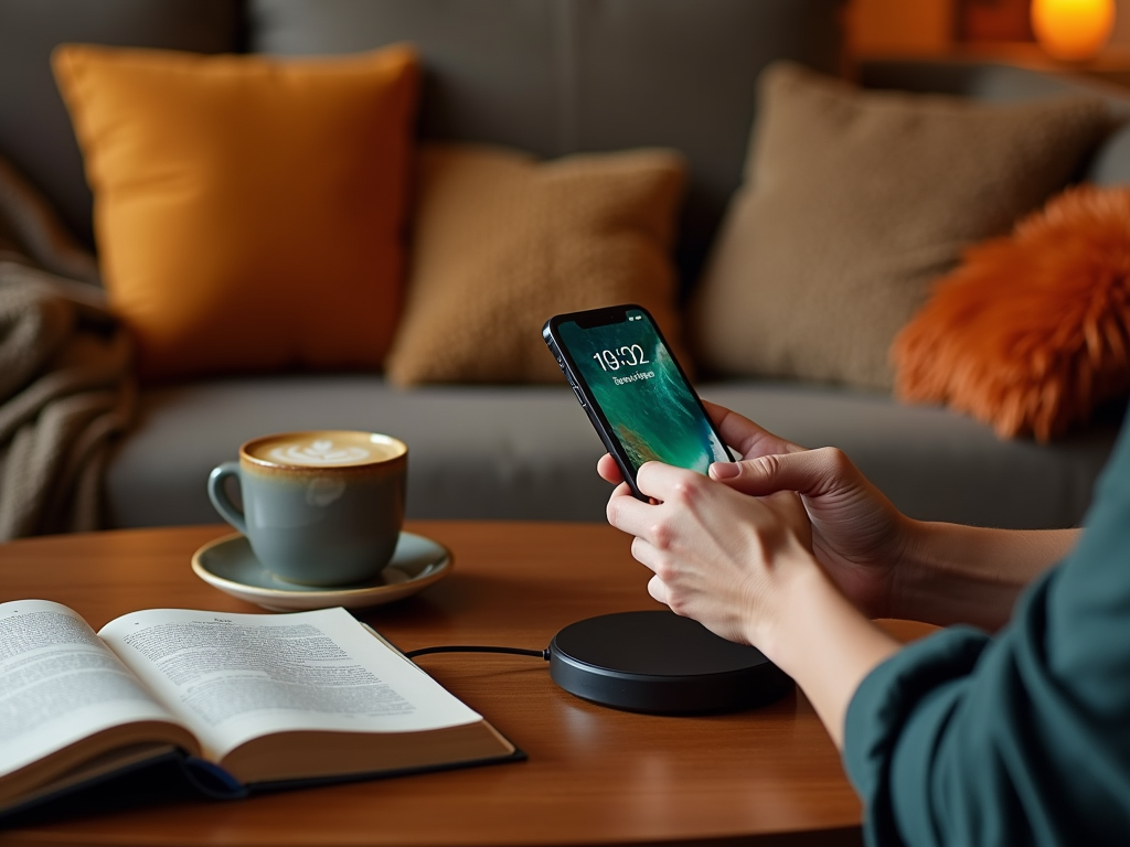 Person using smartphone beside coffee and open book on table in cozy room.