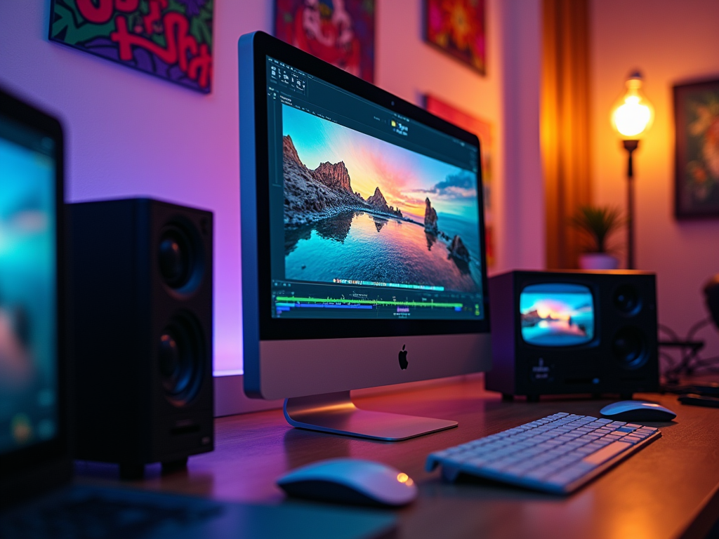 A cozy video editing workspace with dual monitors displaying vibrant sunset landscapes.